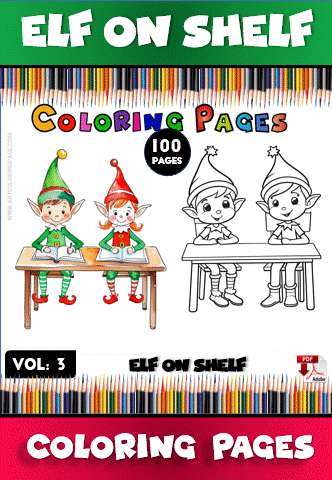 Colorful "Elf on Shelf" coloring pages featuring two elves at a table, part of a 100-page coloring book from artcoloringpage.com.