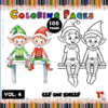 Coloring pages featuring two elves sitting on a shelf, with a colorful background promoting artcoloringpage.com and a 100-page coloring book.