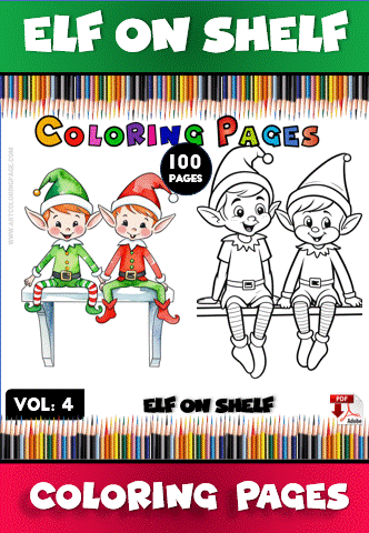 Coloring pages featuring two elves sitting on a shelf, with a colorful background promoting artcoloringpage.com and a 100-page coloring book.