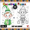 Coloring pages featuring an elf in a colorful design and a black-and-white outline, promoting a coloring book with 100 pages from artcoloringpage.com.