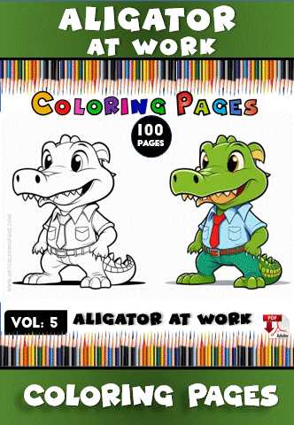 Coloring book cover featuring cartoon alligators in business attire, one in black and white and the other in color.