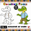 Coloring page cover featuring a cartoon alligator in two styles: outlined and colored, with various colored pencils in the background.