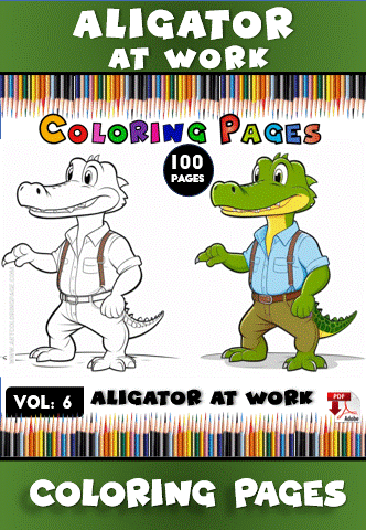 Coloring page cover featuring a cartoon alligator in two styles: outlined and colored, with various colored pencils in the background.
