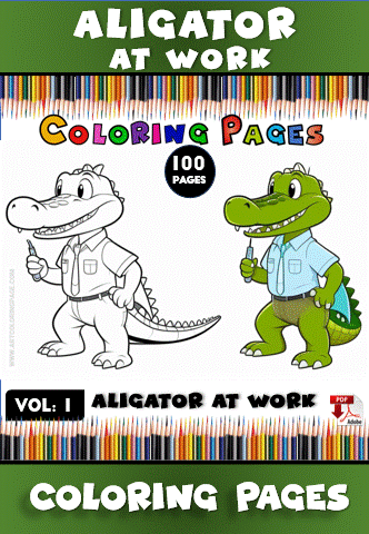 Coloring book cover featuring a cartoon alligator in two poses, with a title that reads "Aligator at Work" and colorful pencils in the background.