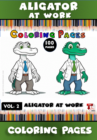 Coloring page featuring two cartoon alligators in lab coats, labeled "Alligator at Work" and "Coloring Pages."