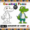 Coloring page featuring a cartoon alligator character in a casual outfit, alongside a line drawing version, with a colorful pencil background.