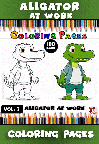 Coloring page featuring a cartoon alligator character in a casual outfit, alongside a line drawing version, with a colorful pencil background.