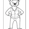 A cartoon bear character standing confidently with hands on its hips, wearing a button-up shirt and pants, set in a black and white coloring page style.