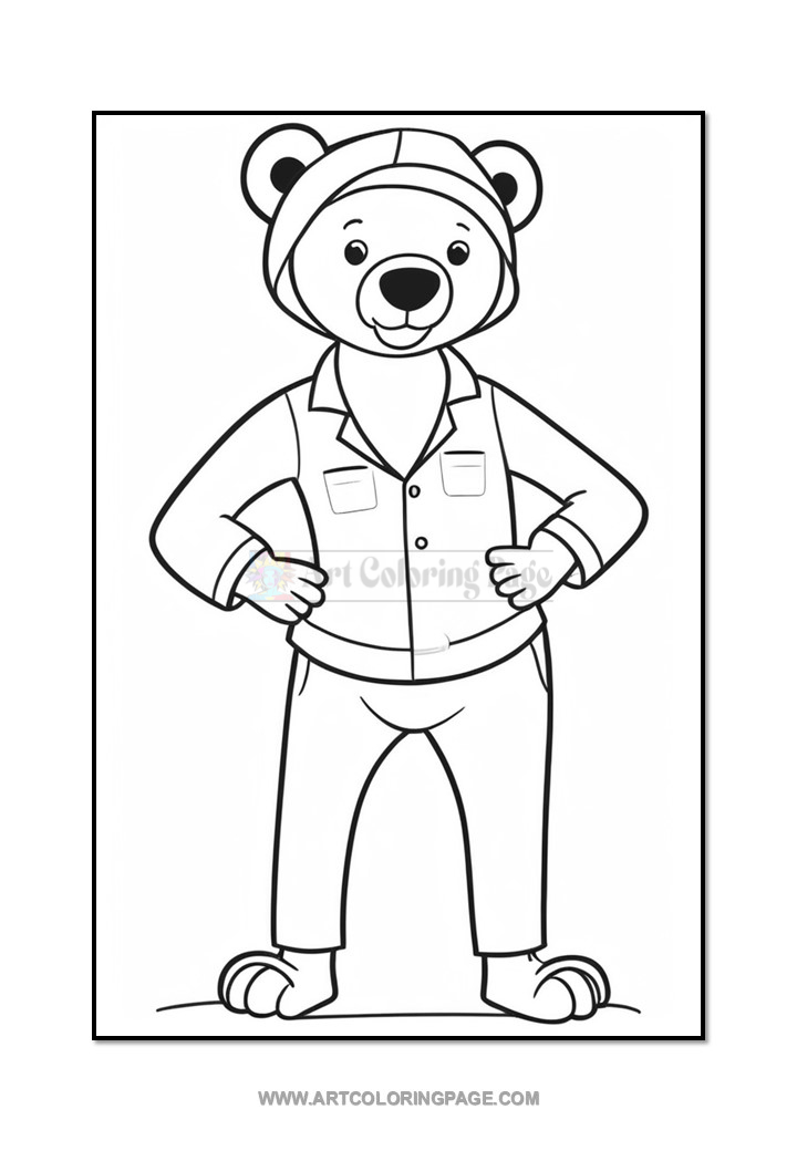 A cartoon bear character standing confidently with hands on its hips, wearing a button-up shirt and pants, set in a black and white coloring page style.