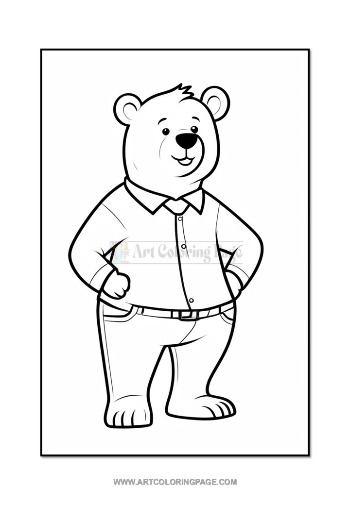 A cartoon bear standing with hands on hips, wearing a button-up shirt and jeans, smiling confidently.
