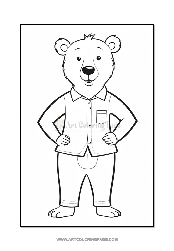 A cartoon bear standing upright, wearing a button-up shirt and pants, with a friendly expression and hands on its hips.