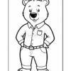 A cartoon bear dressed in a button-up shirt and jeans, standing with hands on hips and a friendly smile, outlined in black for coloring.