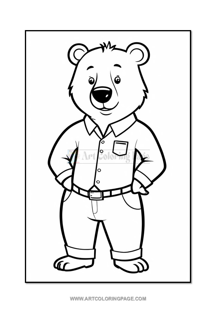 A cartoon bear dressed in a button-up shirt and jeans, standing with hands on hips and a friendly smile, outlined in black for coloring.