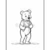 A cartoon bear character wearing suspenders and a bow tie, standing with its hands on its suspenders, depicted in a simple black and white outline style suitable for coloring.