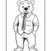 A cartoon bear character wearing a collared shirt and a tie, standing confidently with its hands in its pockets. The bear has a friendly smile and is depicted in a line-art style, suitable for coloring.