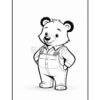 A cartoon bear character wearing overalls and a shirt, standing with one hand in its pocket and smiling, set against a plain white background.