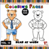 Two cartoon bears in uniforms; one is colored and the other is an outline for coloring. Title reads 