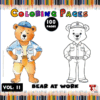 A coloring page featuring a bear in work attire, with one colored illustration and a black-and-white outline for coloring.