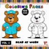 A cartoon bear in a blue medical uniform stands on the left, with a black and white version on the right, surrounded by coloring pencils.