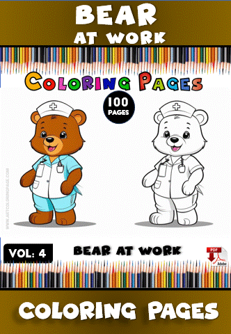 Cartoon bears dressed as workers, one in blue and the other in white, on a colorful background with text promoting a coloring page collection.