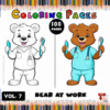 Two cartoon bears, one white and one brown, each holding toothbrushes and wearing scrubs, with a colorful pencil background.