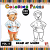A cute bear wearing a chef's hat and uniform stands next to a black and white outline version of itself, promoting a coloring book.