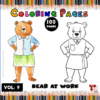 A bear in a green skirt and shirt next to a blank coloring page of the same bear, with colorful pencils in the background.