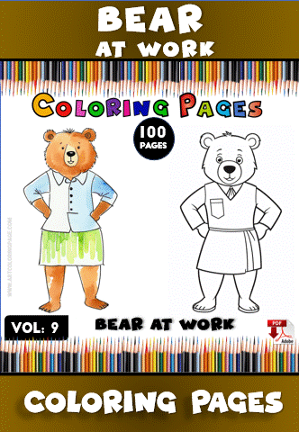 A bear in a green skirt and shirt next to a blank coloring page of the same bear, with colorful pencils in the background.