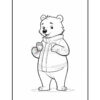A cartoon bear standing upright, wearing a jacket and holding a cup in one paw, smiling cheerfully.