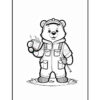 A cartoon bear wearing overalls and a cap is standing on grass, holding a paintbrush in one hand and a cup with steam coming out of it in the other hand.