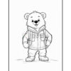 A cartoon bear wearing a warm hooded jacket and pants, standing upright with a friendly smile. The bear has round ears, a snout, and wears boots, depicted in a black and white outline for coloring.