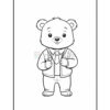 A cartoon bear character standing upright, wearing a suit and tie, with a friendly expression and both hands in front, against a blank background suitable for coloring.