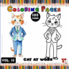 A cartoon cat in a suit is depicted twice, once in color and once as a black-and-white outline, against a colorful pencil background.
