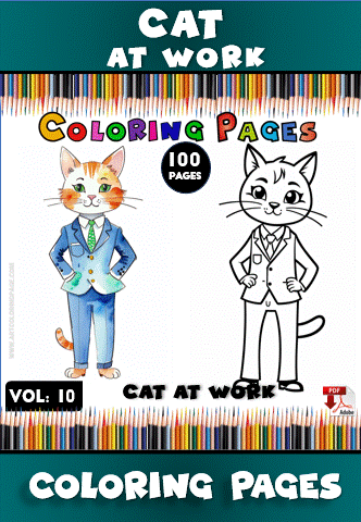 A cartoon cat in a suit is depicted twice, once in color and once as a black-and-white outline, against a colorful pencil background.