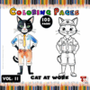 A promotional image for coloring pages featuring a cartoon cat in a suit on the left and a cat in a police uniform on the right, with colorful pencils in the background.
