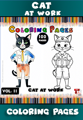 A promotional image for coloring pages featuring a cartoon cat in a suit on the left and a cat in a police uniform on the right, with colorful pencils in the background.
