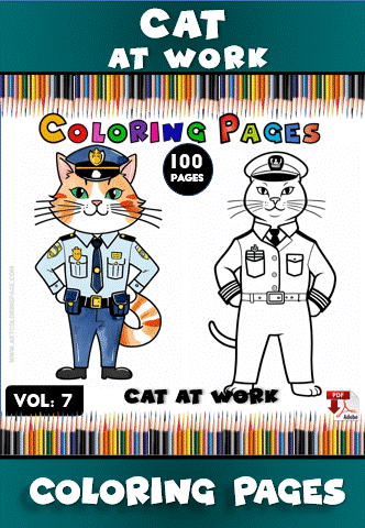 A cartoon cat in a police officer uniform with a badge, next to a colorable outline of the same cat, against a colorful pencil border.