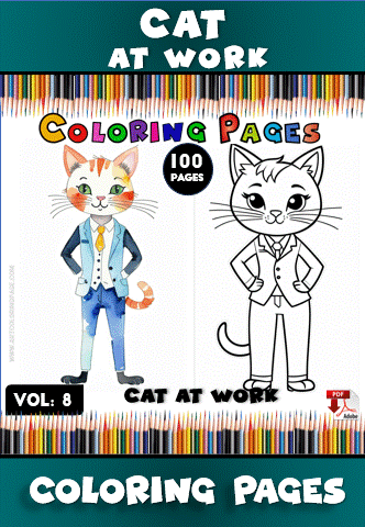 Coloring page featuring a dressed cat in a suit on one side and a black and white outline version for coloring on the other.
