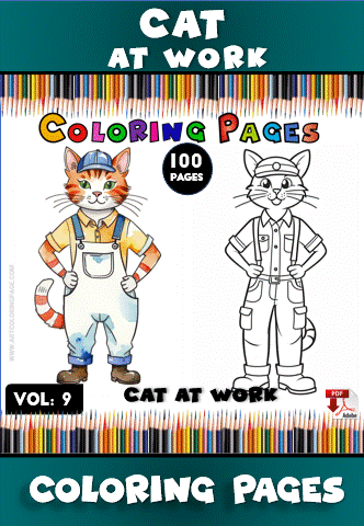 Coloring page featuring a cartoon cat in overalls and a hat, alongside a black and white outline version for coloring.