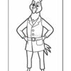 A cartoon bird character dressed in a suit with a tie and a pocket, standing confidently with its hands on its hips.