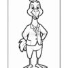 A cartoon duck character wearing a suit, standing with one hand on its hip. The duck has a large beak and a friendly expression, with a tuft of feathers on its head, drawn in a black and white outline style for coloring.