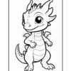 A cartoon-style, black and white outline illustration of a cute dragon character with large eyes, small horns, and a friendly smile, suitable for coloring activities.
