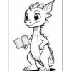 A cartoon dragon character smiling and holding an open book in its right hand. The dragon has a scaly body and pointed ears, and the illustration is in black and white, suitable for coloring.