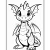 A cartoon dragon character with large expressive eyes and a friendly smile, standing with its wings slightly spread. The dragon has textured scales on its body and a curly tail, set against a plain white background, intended for coloring.