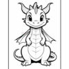 A simple black and white illustration of a cute, smiling dragon with large eyes and small wings, sitting down. The dragon has a rounded body and a long tail, set against a plain background, suitable for coloring.