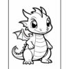 A cute cartoon dragon with large eyes and small wings, standing confidently with a smile, outlined in black on a white background, suitable for coloring.