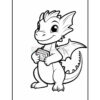 A cute cartoon dragon character with large ears and small wings, holding a book in its hands and smiling. The image is outlined for coloring.