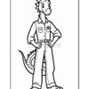 A cartoon dragon standing confidently, wearing a button-up shirt and jeans, with a tail visible behind, in a black and white outline suitable for coloring.