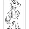 A cartoon dragon character standing confidently with arms crossed, wearing a shirt with overalls and sandals; the image is outlined in black, designed for coloring.