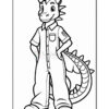 A cartoon dragon character wearing a jumpsuit stands with its hands on its hips, featuring a friendly expression and spiky horns, outlined for coloring purposes.